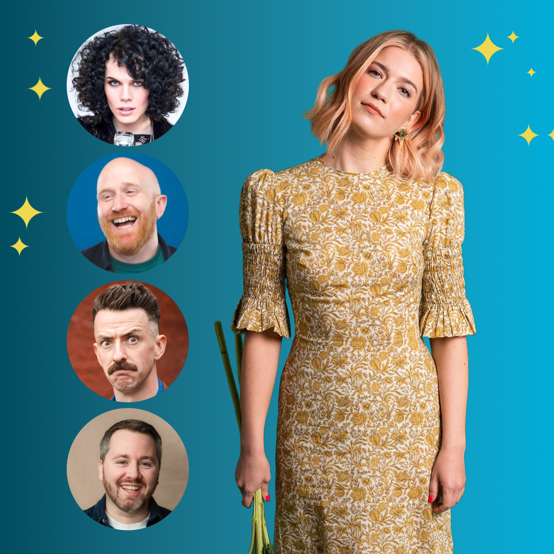 Comedian Olga Koch with headshots of Jordan Gray, Ray Bradshaw, Chris Thorburn and Stephen Buchanan